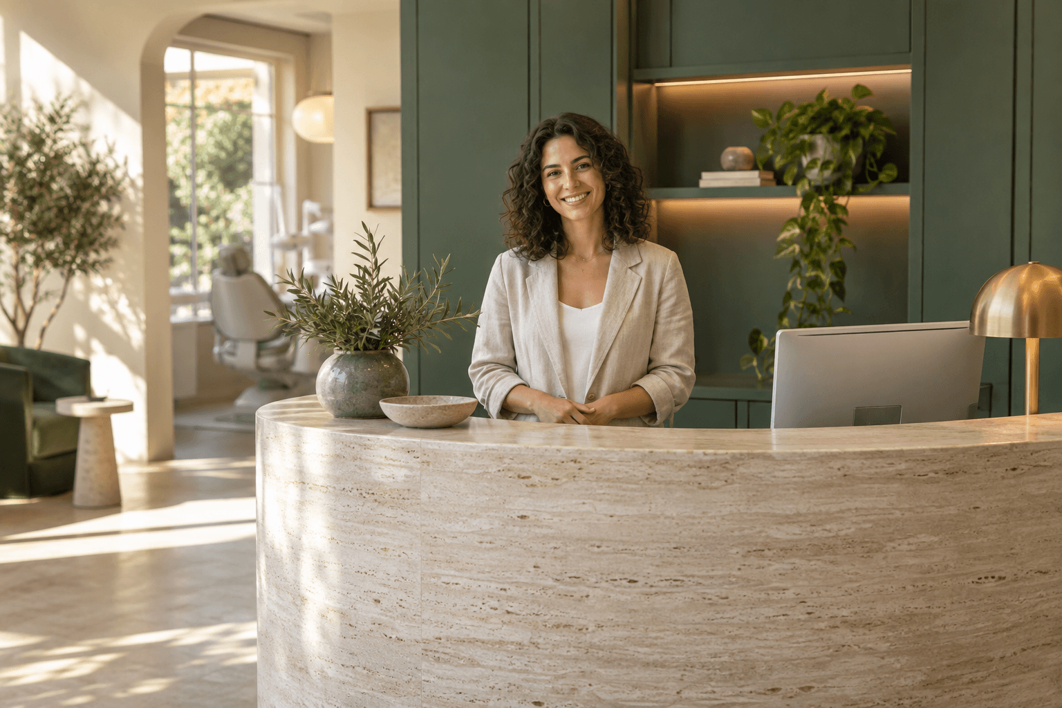A welcoming coordinator behind a curved stone reception desk