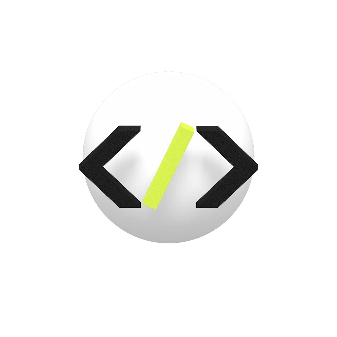 Abstract design featuring a white circular background with black code-like angle brackets and a neon yellow forward slash in the center.