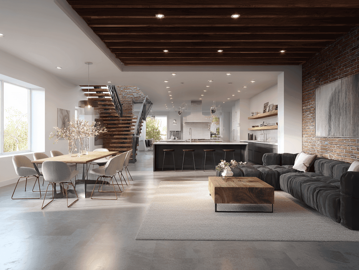 Loft with industrial decor: exposed brick, high ceilings, large windows. Cozy gray sofas, concrete coffee table, pendant lights, and a soft rug.