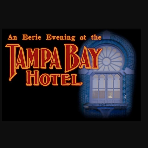 文本内容为：“坦帕湾酒店的神秘夜晚”，背景是一扇蓝色拱形窗户，窗户透出光芒。