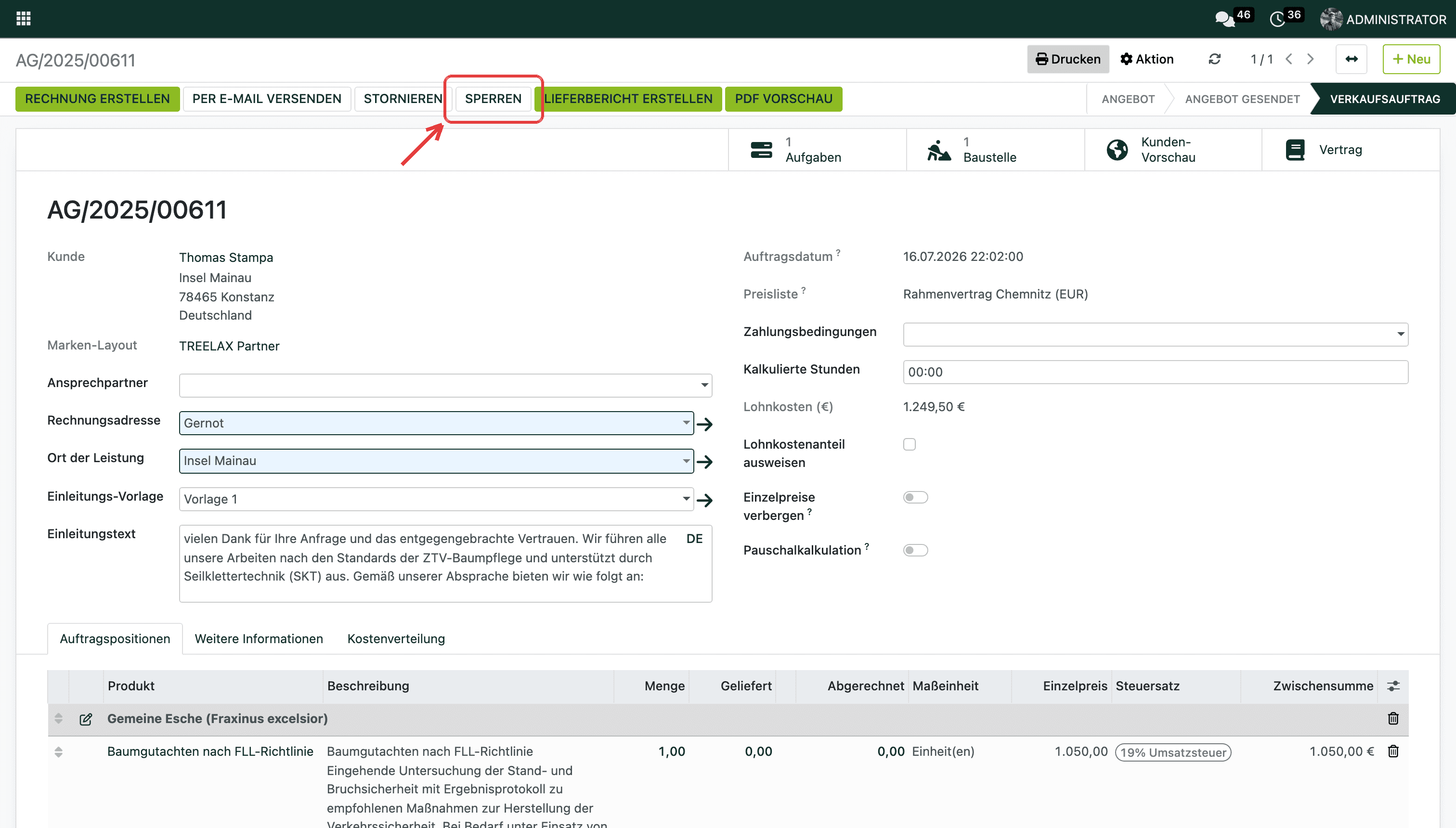 Der Button „Sperren“ erscheint erst nach der Freischaltung