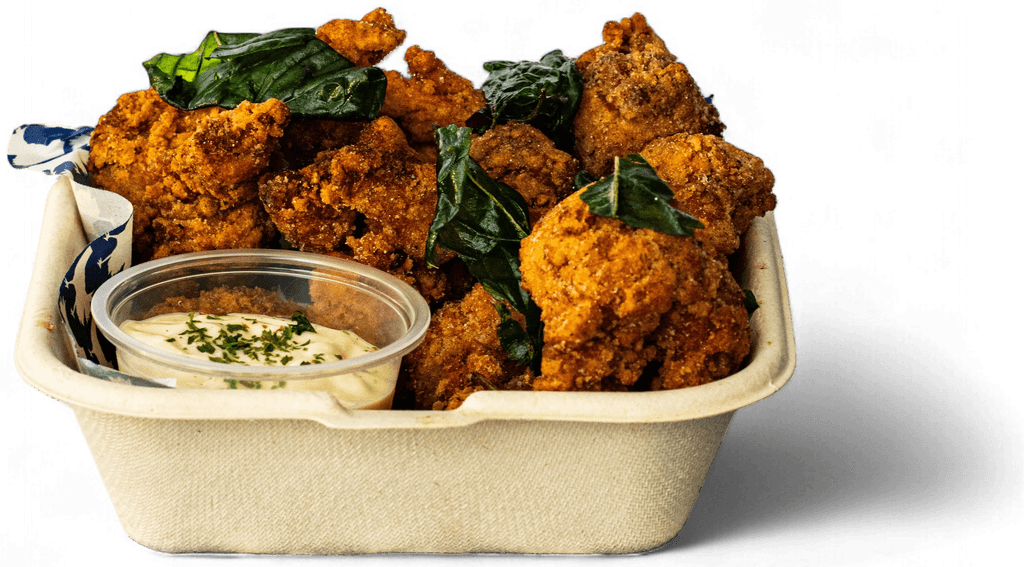 popcorn chicken with garlic aioli.