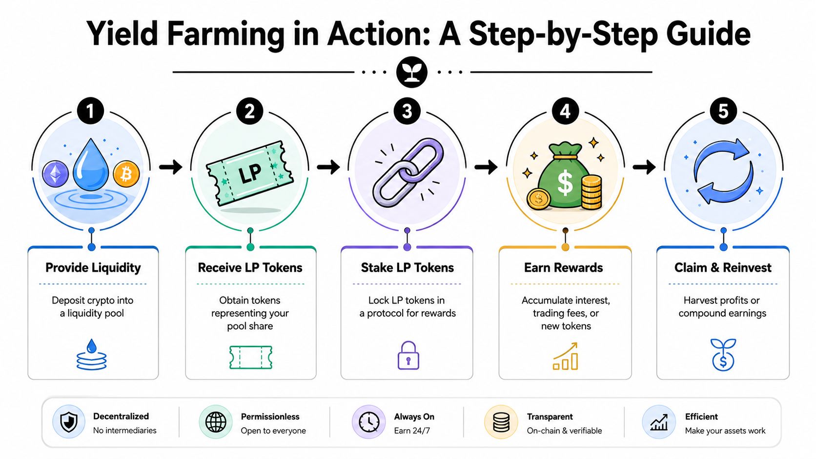 A step-by-step infographic illustrating the process of decentralized finance yield farming for cryptocurrency investors.