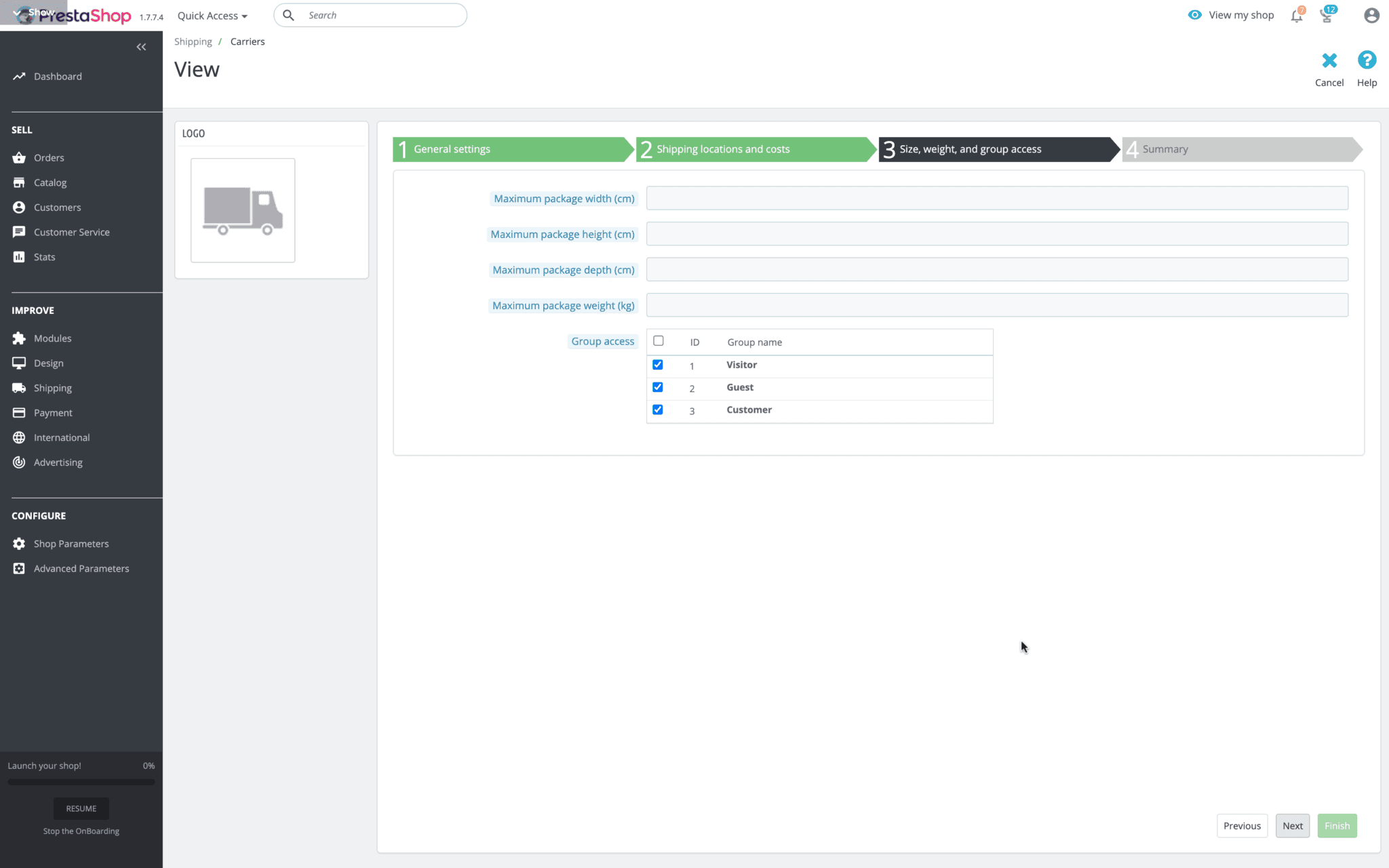 dimensioni spedizioni prestashop