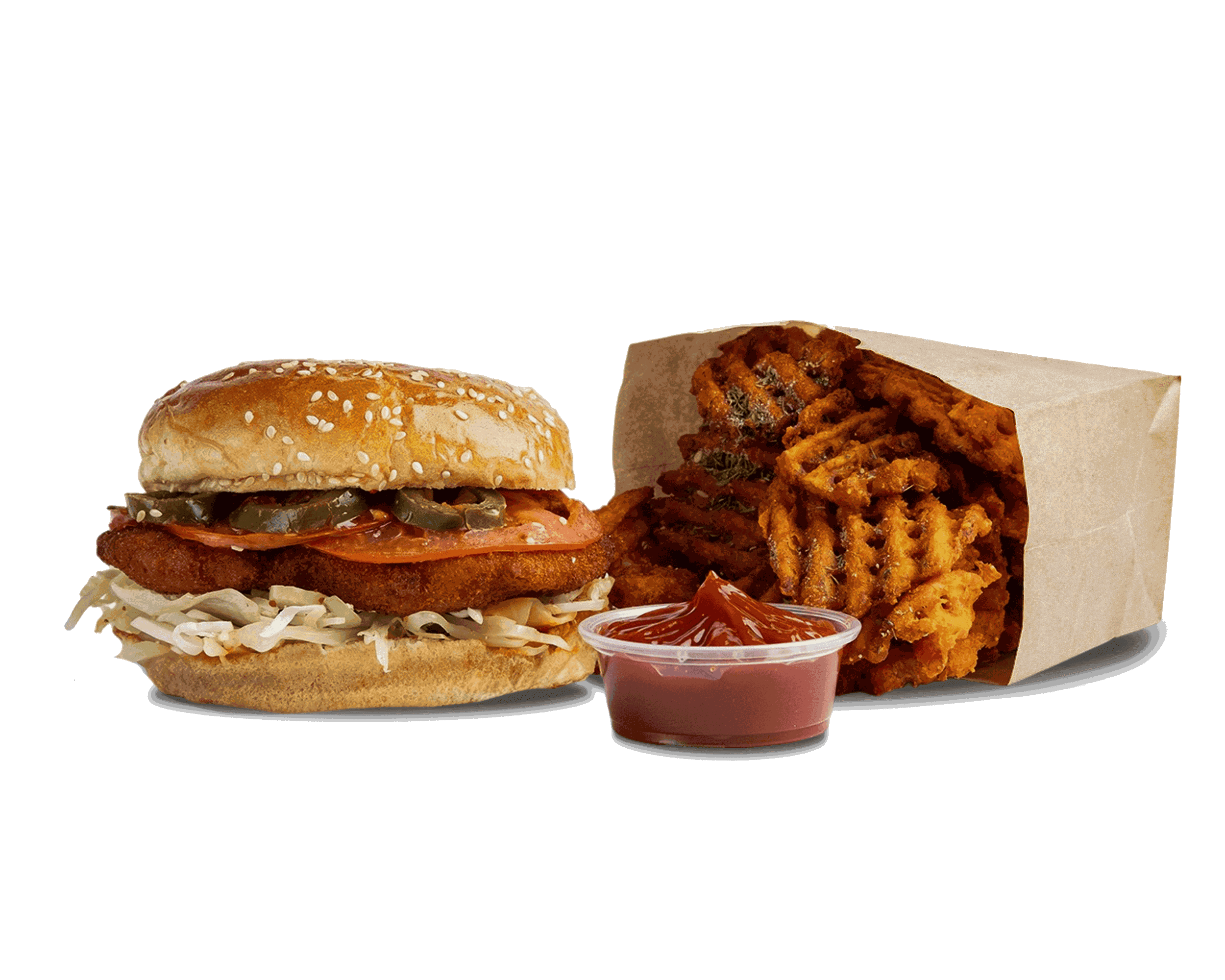 Crispy chicken patty, sliced tomatoes,  white cabbage, onions, jalapeños, & Moroccan hot sauce served with sweet potato fries. 
