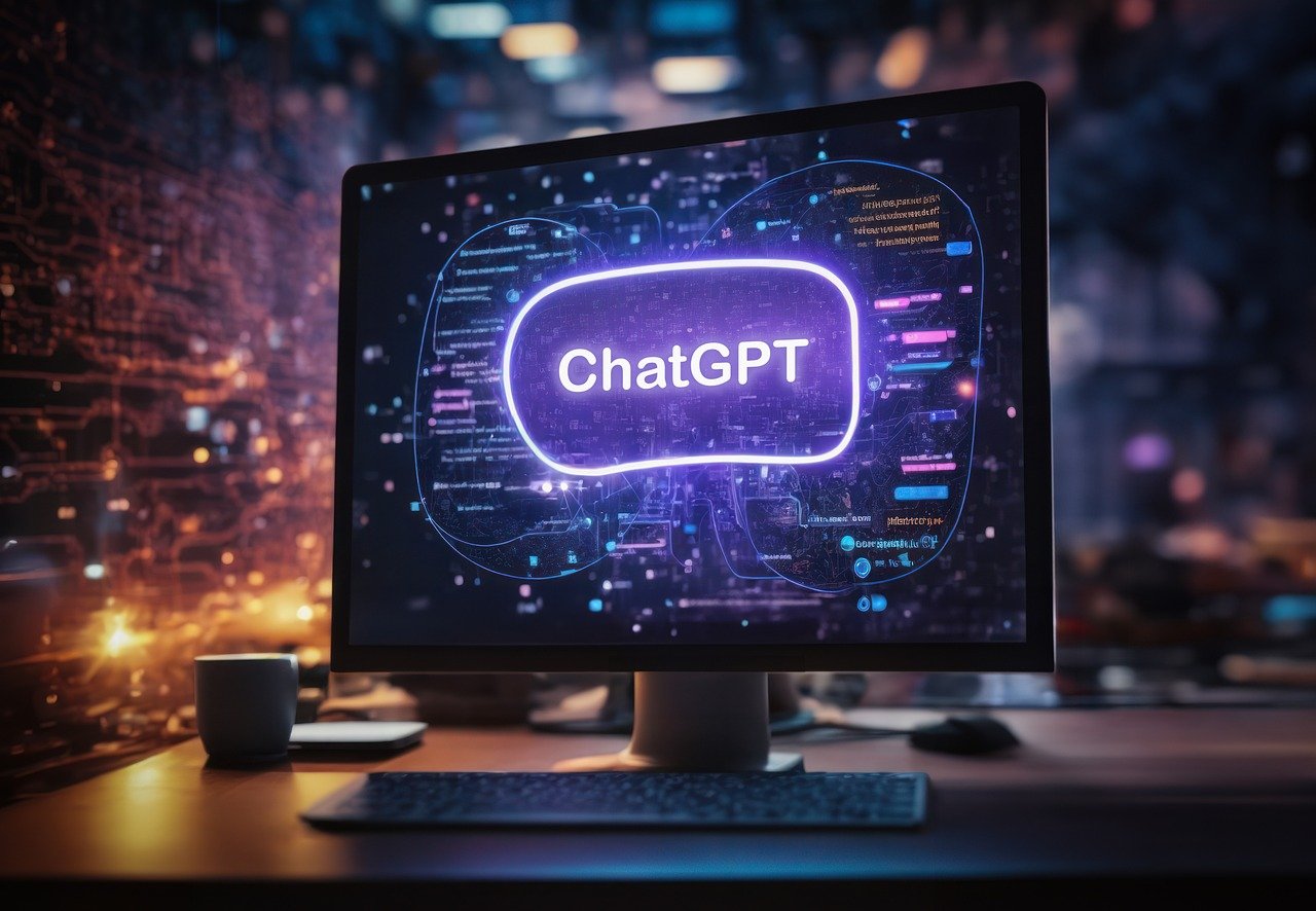 A computer monitor displaying the ChatGPT logo with a futuristic, glowing interface, set against a background of a dimly lit office with complex digital patterns showcasing AI.