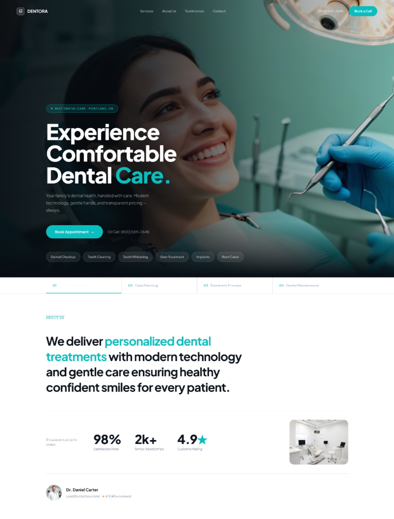 Dentist Website Prompt — modern dentist website design with dark photo hero, teal accent, service tag pills, and 4-step progress bar