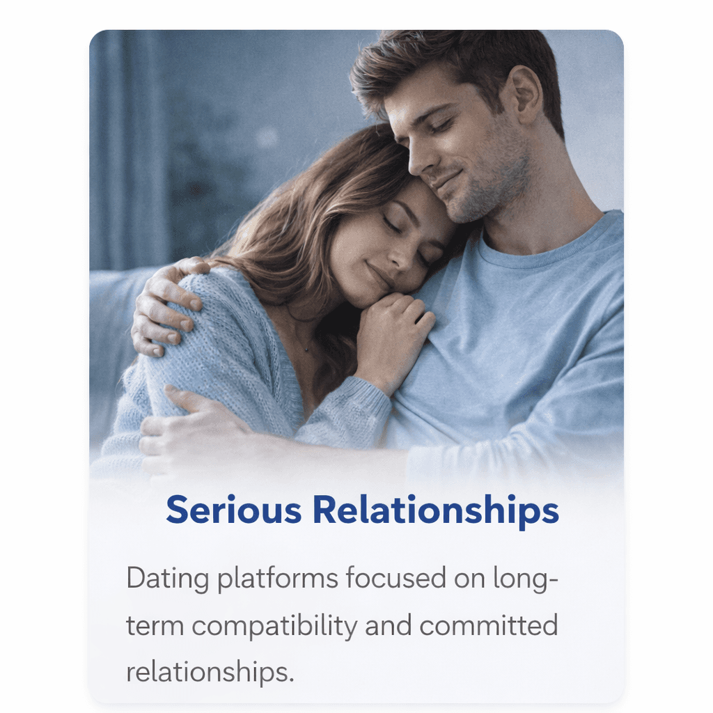 A deeply affectionate couple in a committed embrace, with their heads resting on each other's shoulders and cool, soft indoor lighting, representing the 'Serious Relationships' focus.