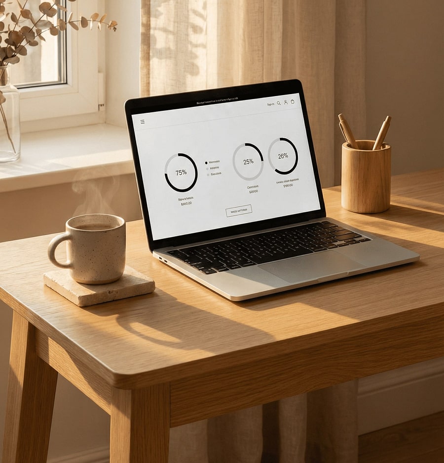 A laptop on a desk showing a website