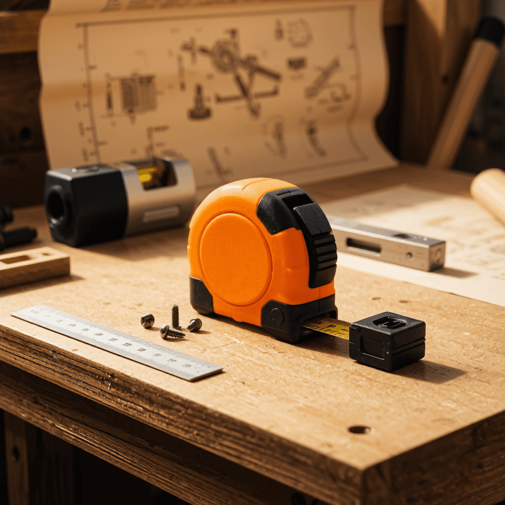 product photography of a measuring tape with a retractable mechanism, designed for construction and DIY use, featuring a bright orange and black color scheme