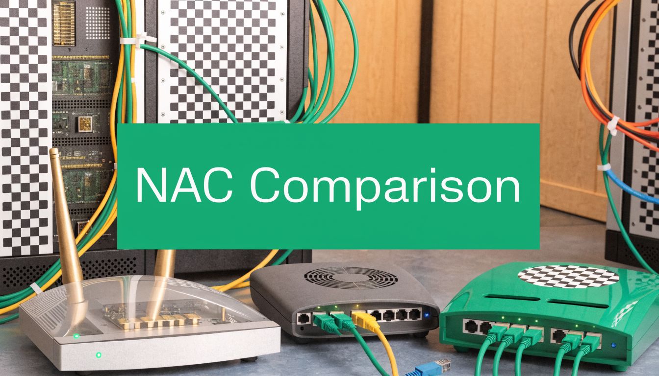 Hardware and network equipment arranged on a table with a green NAC Comparison label overlay.