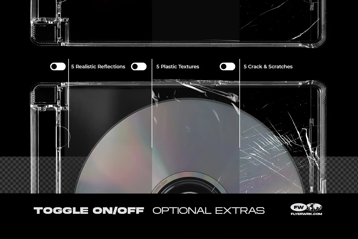 CD jewel case mockup bundle overlay options reflections plastic textures and scratches