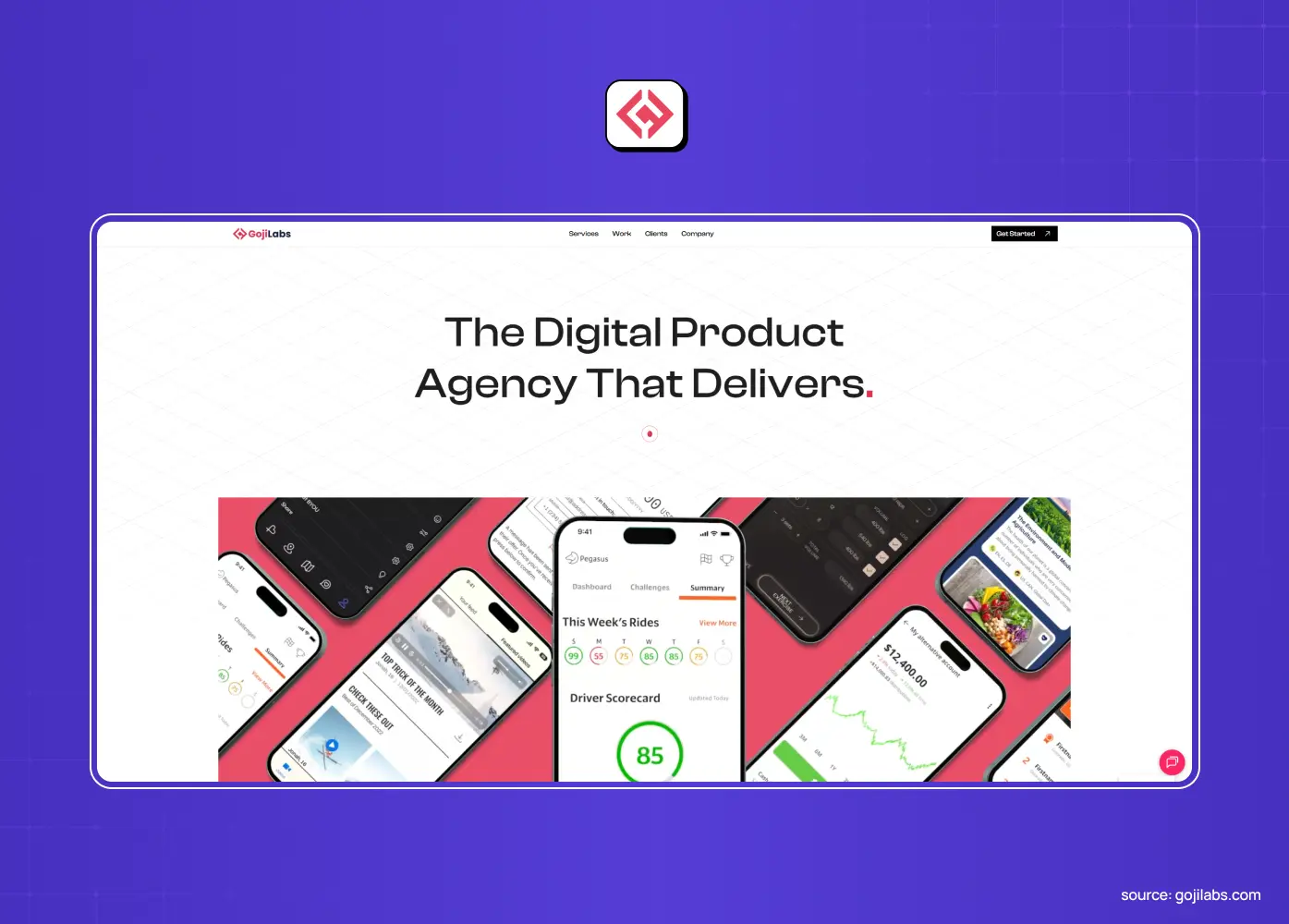 Digital product agency homepage featuring mobile app mockups, bold headlines, and a clean grid layout highlighting product design expertise.