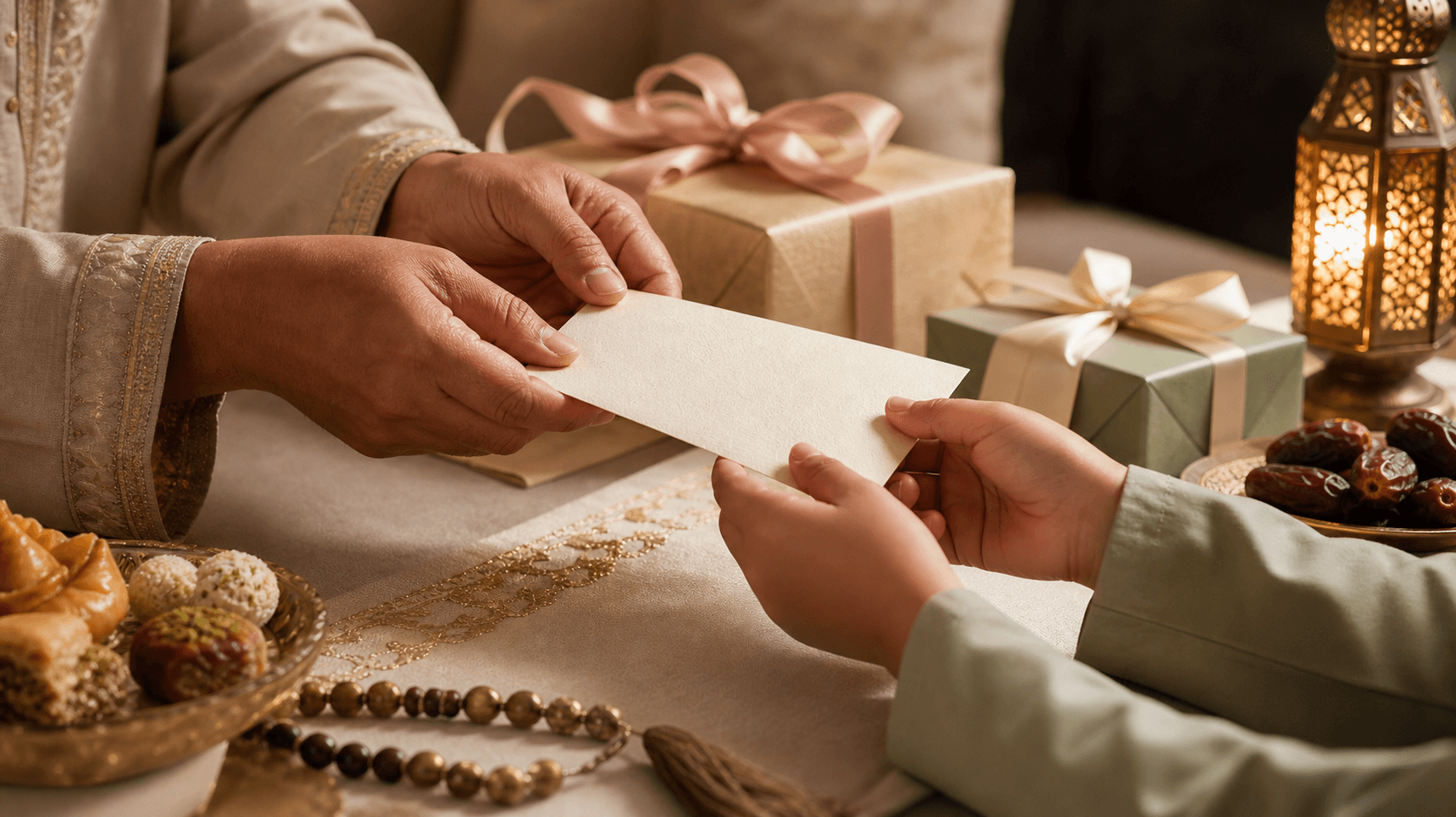 Giving Eidi at Eid — an elder's hand passing a blank money envelope to a child beside a wrapped gift and dates
