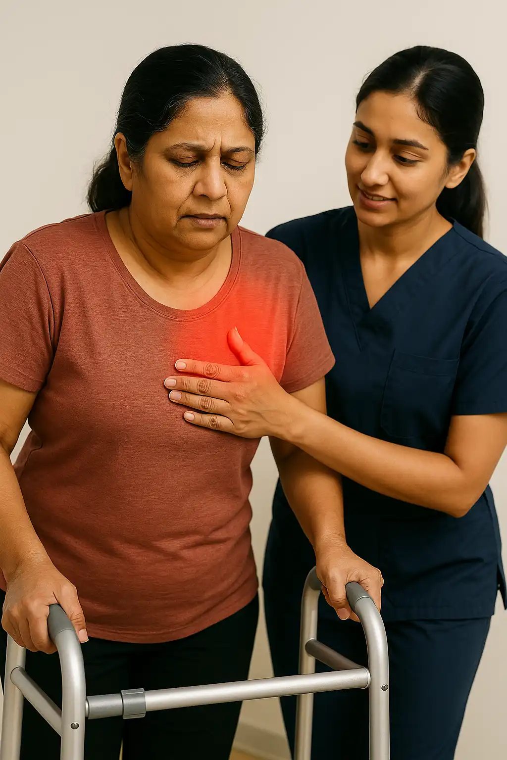 Physiotherapist assisting a woman experiencing chest discomfort during heart and lung functional training therapy.