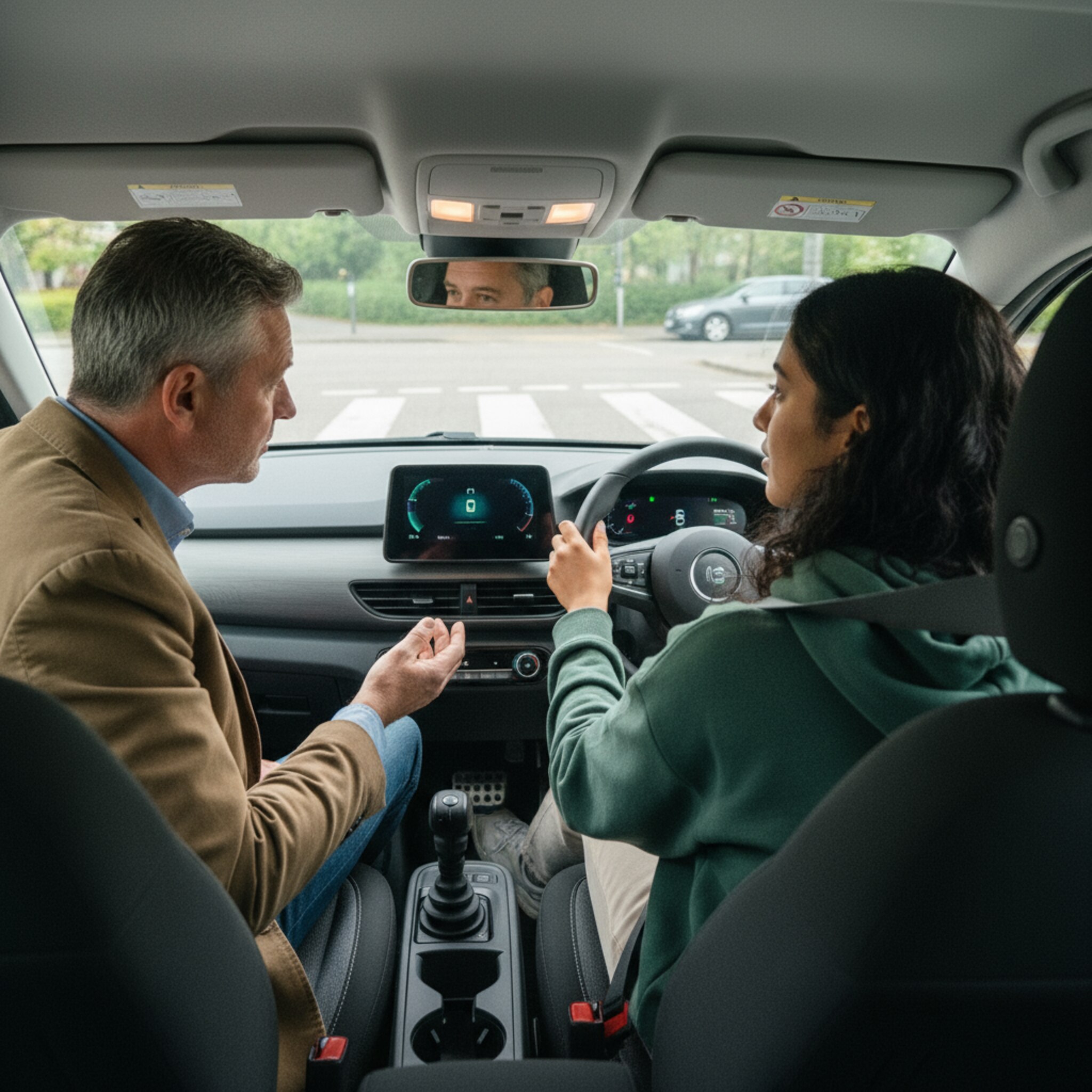 Ein Fahrschüler sitzt am Steuer eines Fahrschulwagens, der Fahrlehrer daneben zeigt ruhig auf die Kreuzung. Draußen spiegeln sich Bäume auf der Motorhaube, der Blinker ist gesetzt. Der Moment zeigt Sicherheit, Vertrauen und präzises Training. Beide wirken konzentriert und gelassen.