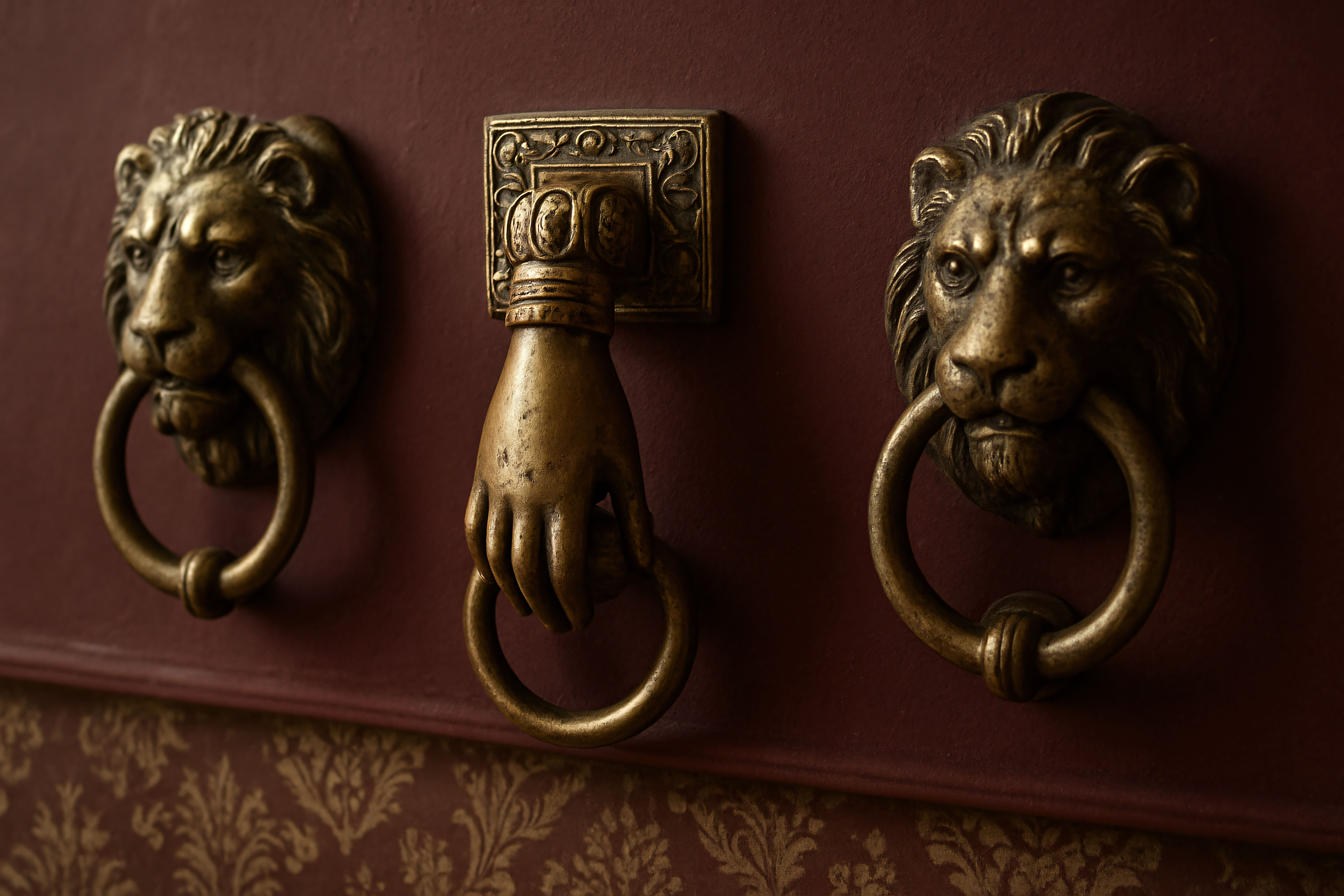 closeup of gold door knockers