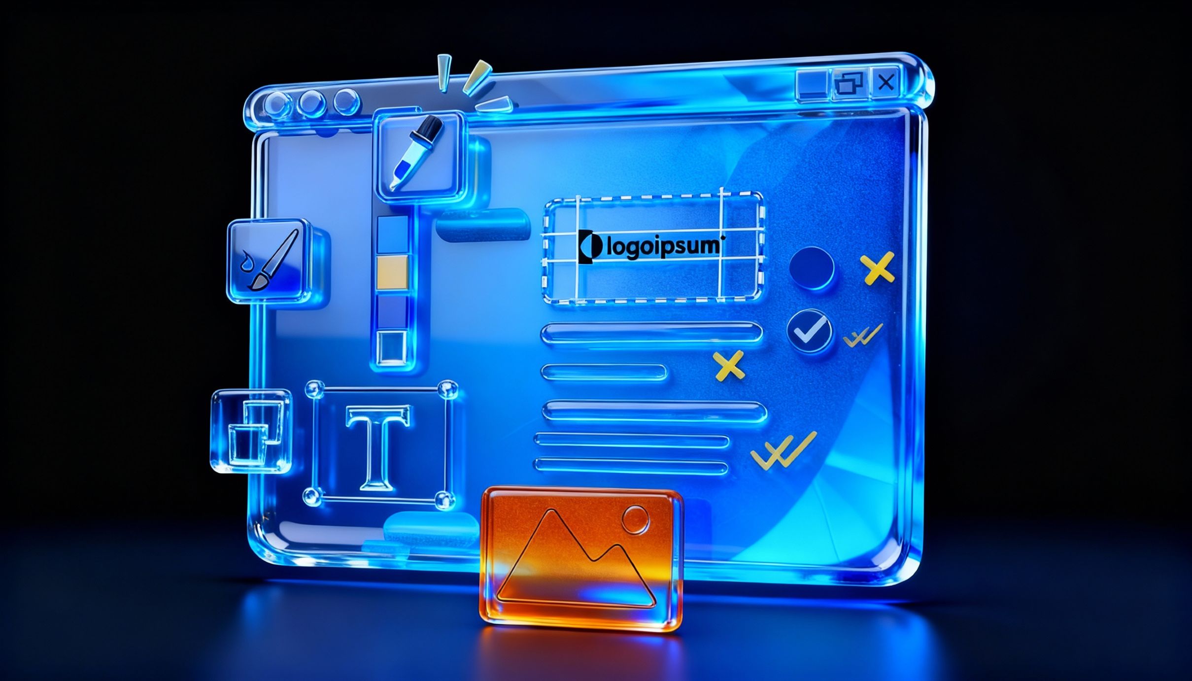 3D Illustration of a screen with different visual branding elements on it (typography, colour picker, colour palette, image, logo usage with guides) representing the nonprofit brand identity