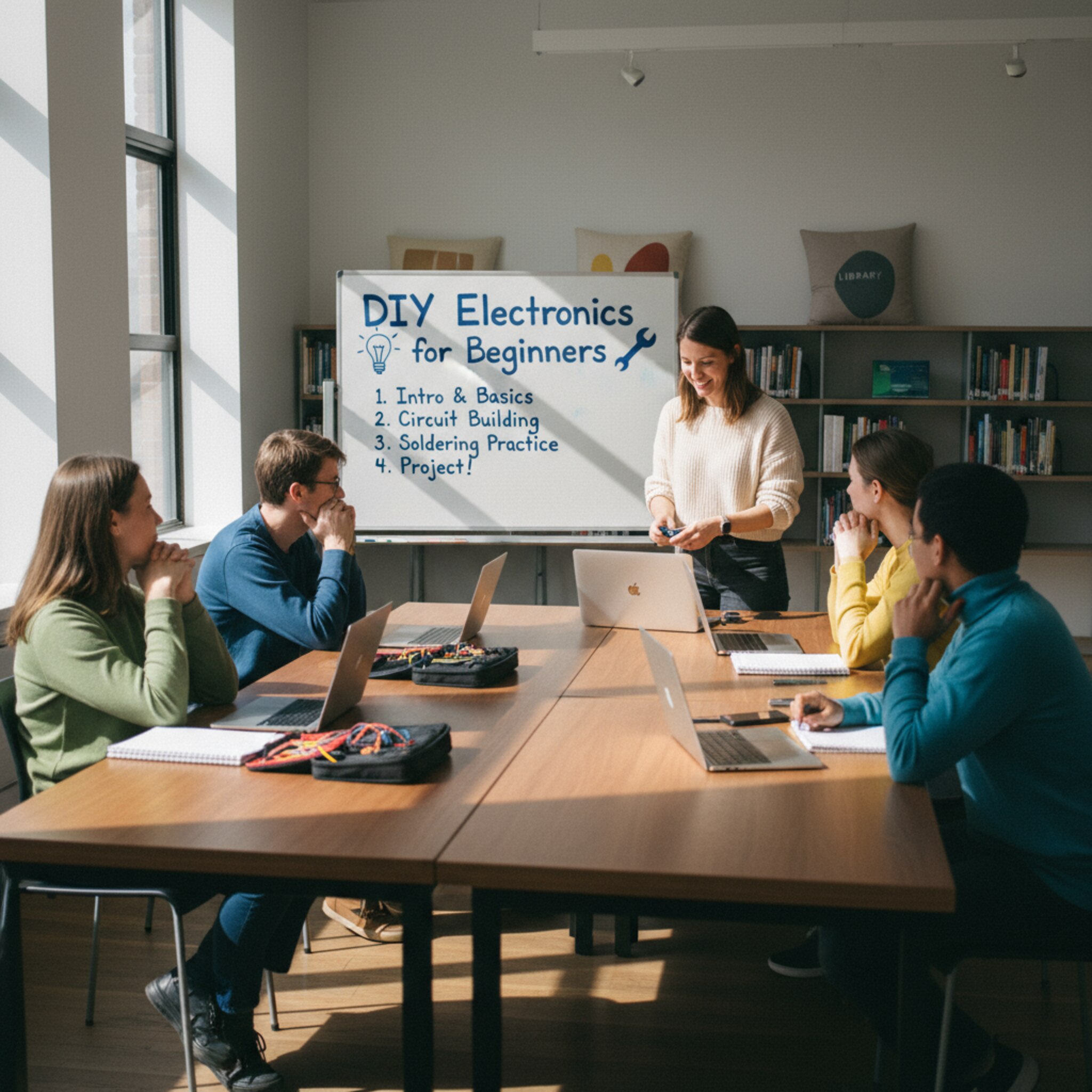In einem Workshopraum ordnet eine Kursleiterin Materialien auf einem großen Tisch: Laptops, Hefte und kleine Werkzeugsets. Eine kleine Gruppe nimmt Platz und nickt erwartungsvoll. Ein Flipchart zeigt den Kurstitel. Die Atmosphäre ist fokussiert, freundlich und gut vorbereitet.