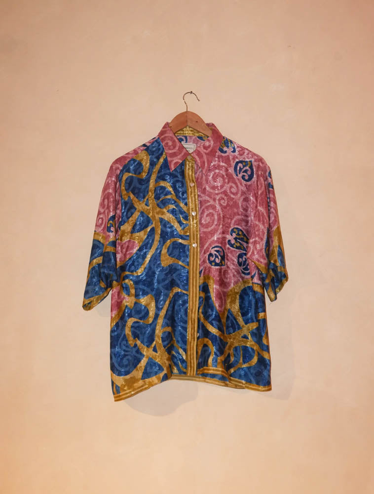 Raga is our one-of-a-kind oversized printed shirt, handcrafted by skilled artisans in-house using a one-of-a-kind vintage silk saree.