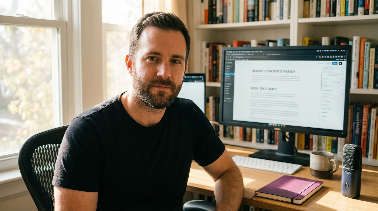 Content strategist with direct confident gaze, blog draft visible on monitor behind him, purple notebook and portable mic on desk