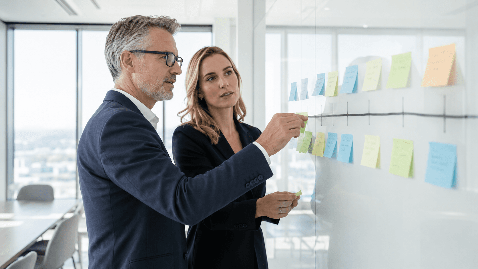 Business executives reviewing an IT strategy roadmap on a glass board