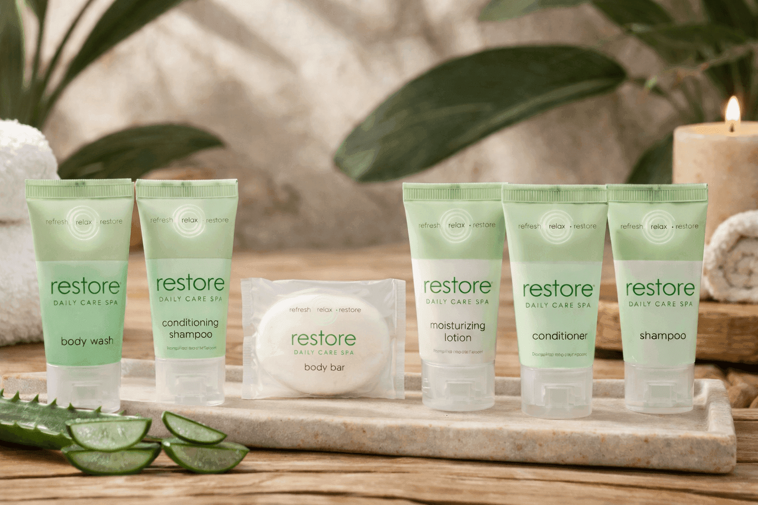 Restore Daily Care Spa hotel amenities collection with aloe-inspired setting, featuring shampoo, conditioner, body wash, lotion, and a smaller wrapped body bar on a stone tray in a relaxing spa environment