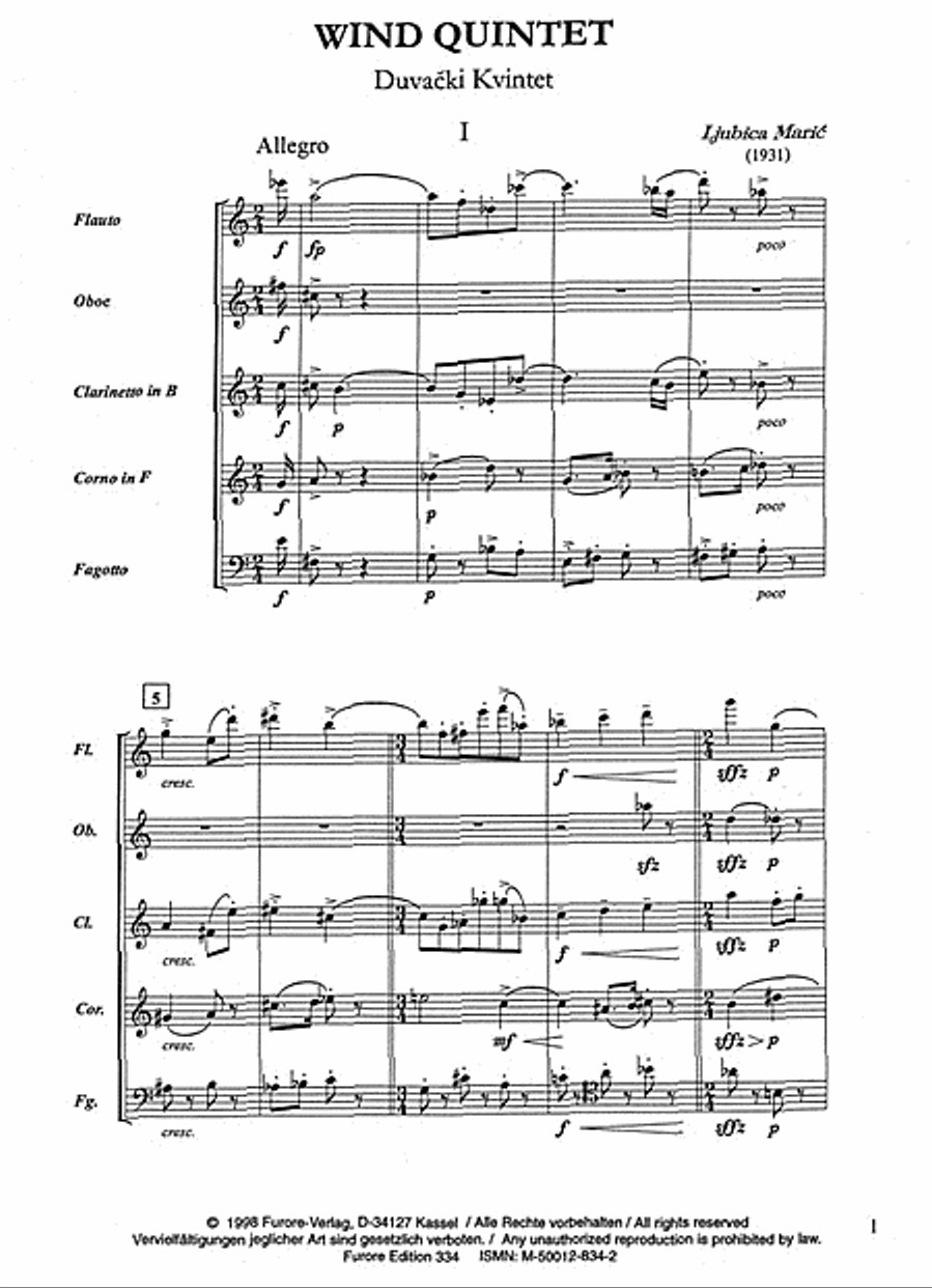 Opening page of Alvin Etler’s 1959 Sextet for oboe, clarinet, bassoon, violin, viola and cello.