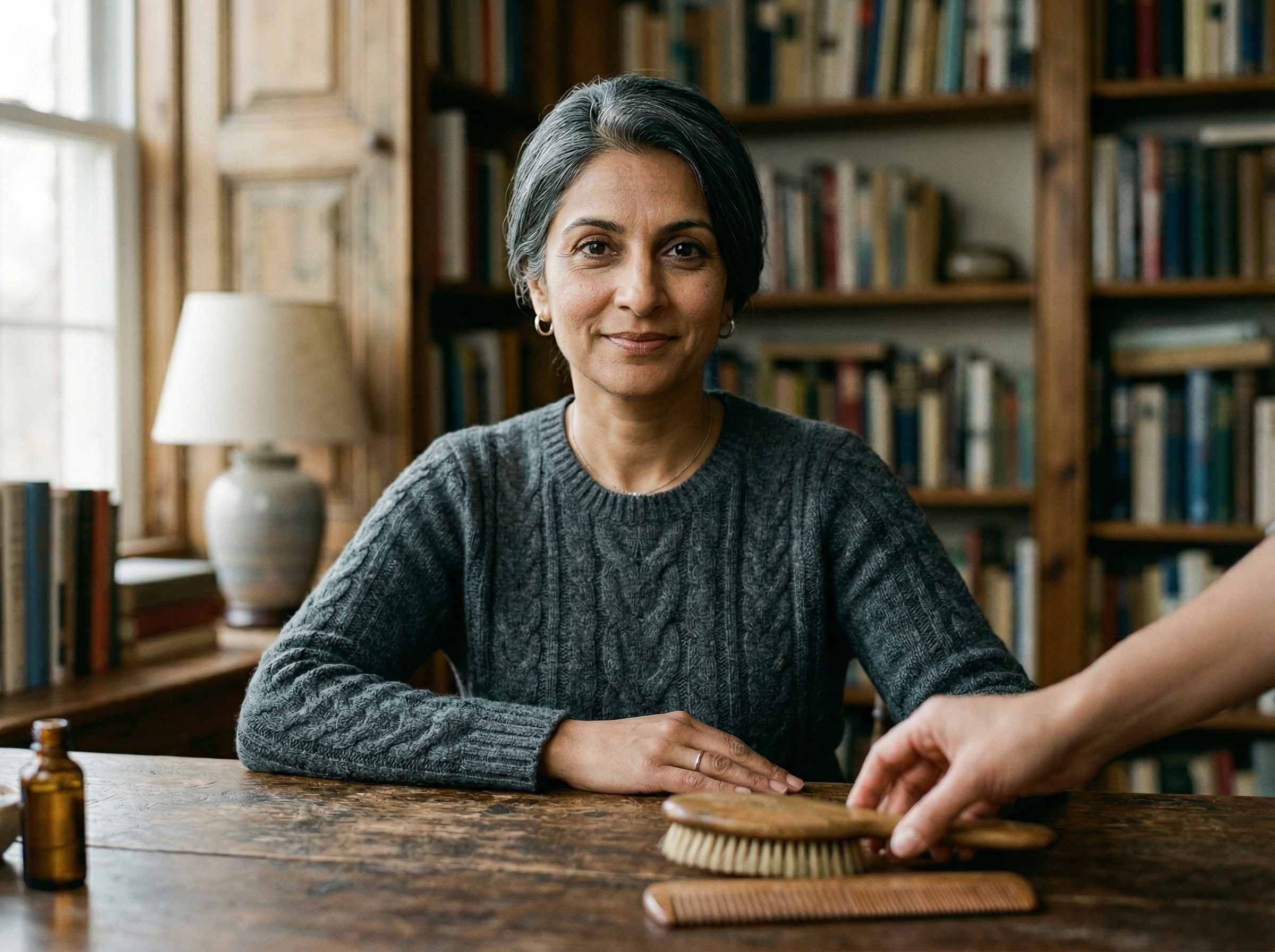 A smiling mature woman sitting in a cozy study receiving a Nuvorie premium wooden dog grooming brush for her daily care routine