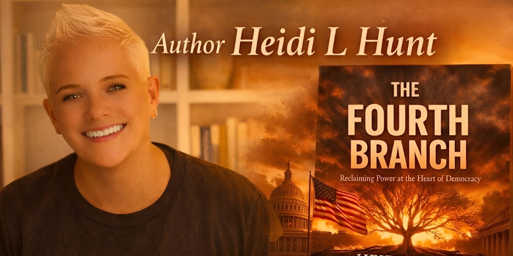 Promotional banner featuring author Heidi L. Hunt beside the cover of "The Fourth Branch" book.