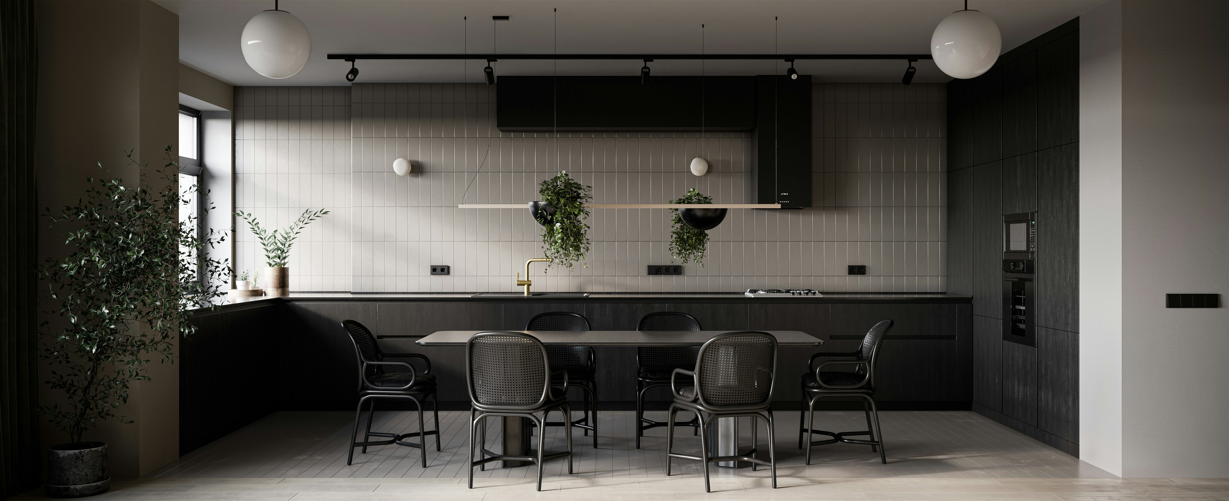 Dark modern kitchen interior with moody lighting and minimalist furniture design