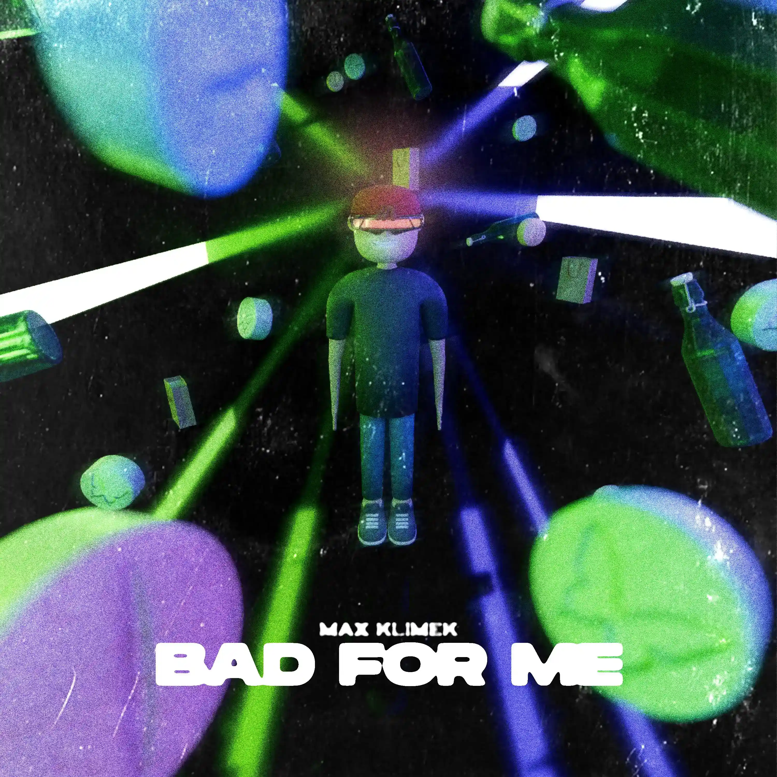 "Bad For Me" cover art by Max Klimek — a grainy figure surrounded by floating bottles and green and purple light beams against a dark background.