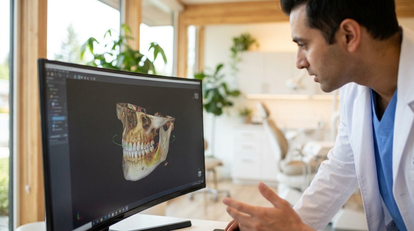 A dentist examines a 3D scan of a patient's jaw to assess a dental implant.