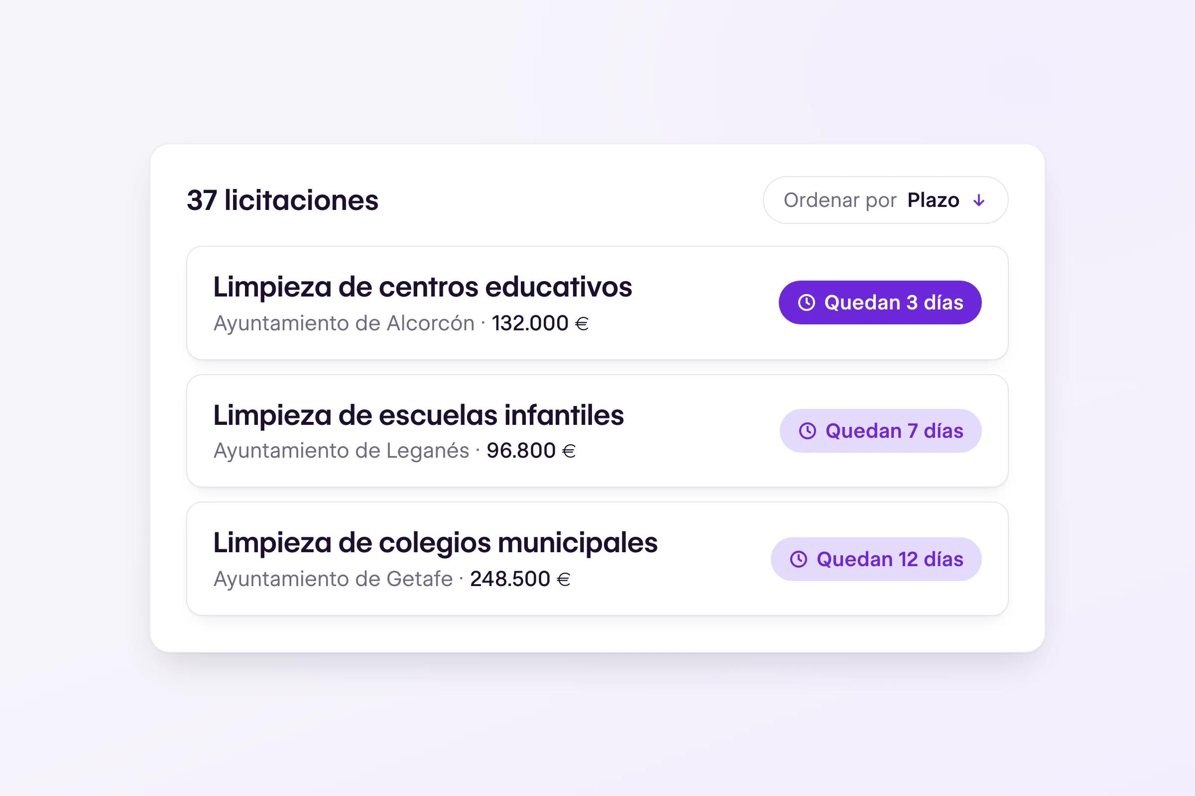 Lista de tres licitaciones de limpieza ordenadas por plazo, con los días que quedan en cada una: 3, 7 y 12