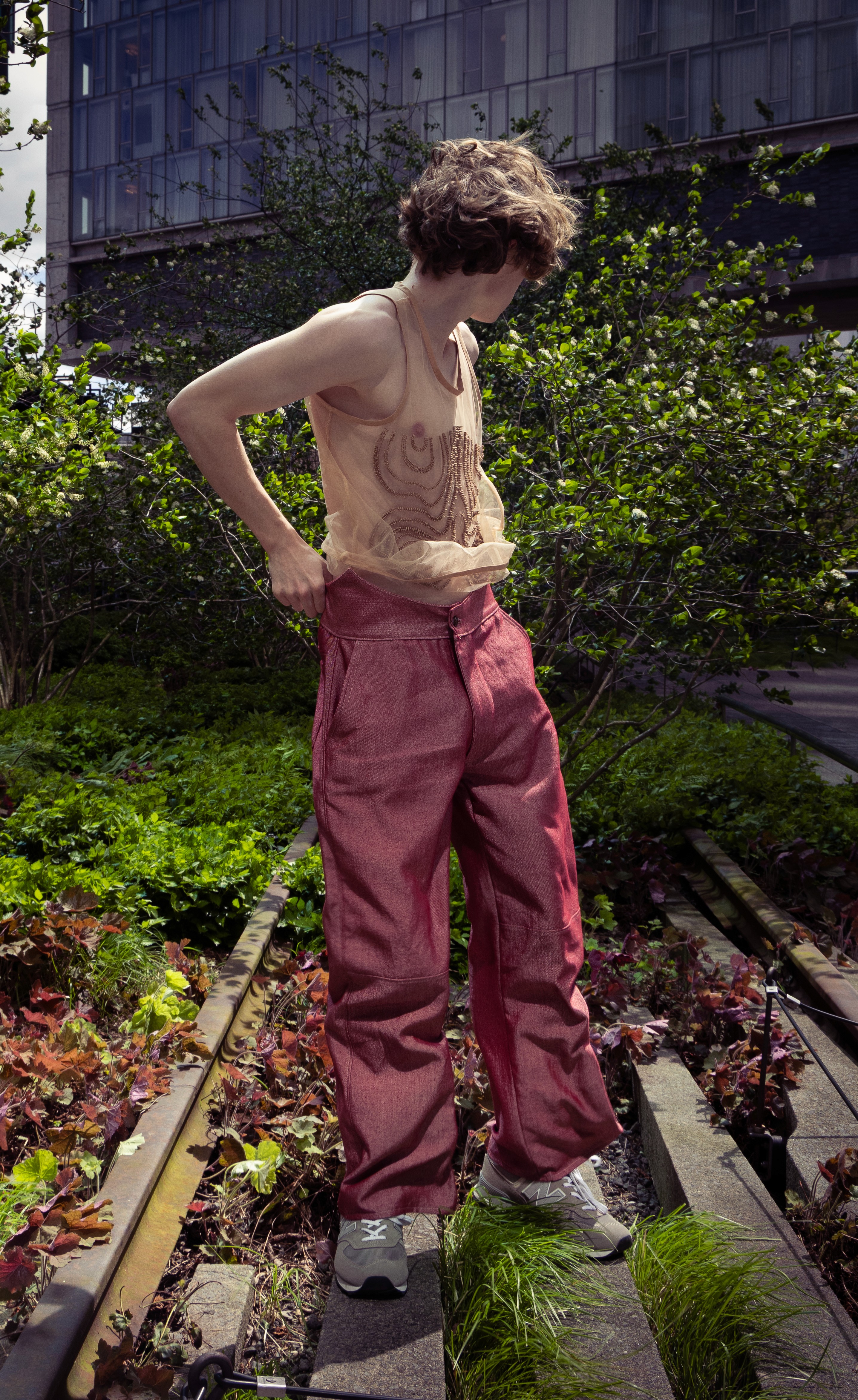 3D printed top, red and silver jeans
