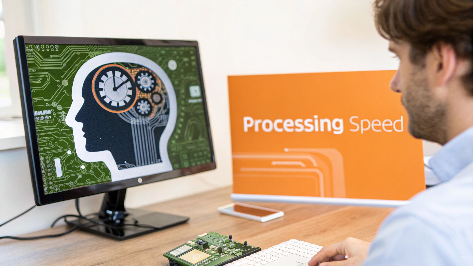 A man works at a desk with a monitor showing a brain graphic and a 'Processing Speed' sign.