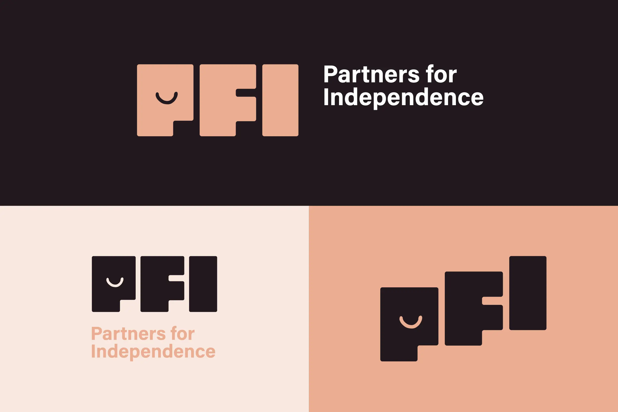 Partners for Independence logo system showing vertical, horizontal, and PFI logotype variations.