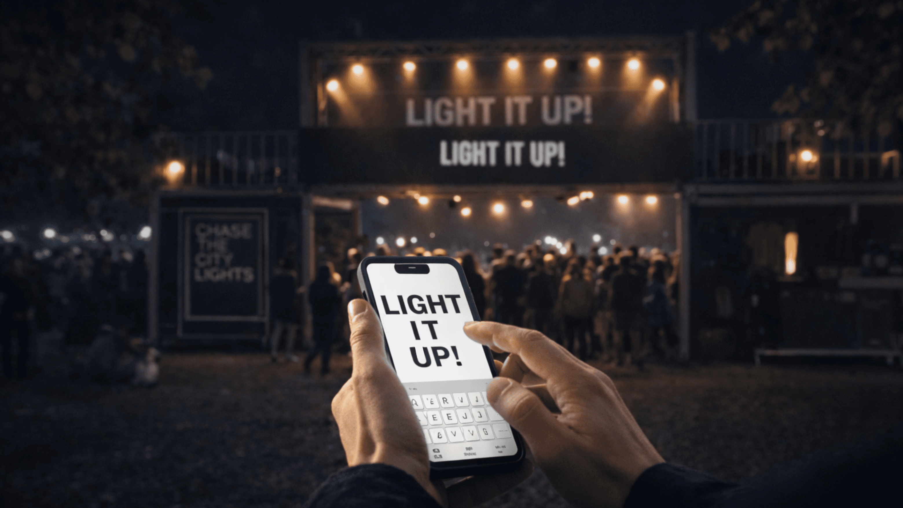 Participant scriind mesaje live în aplicația Burn pentru panoul digital