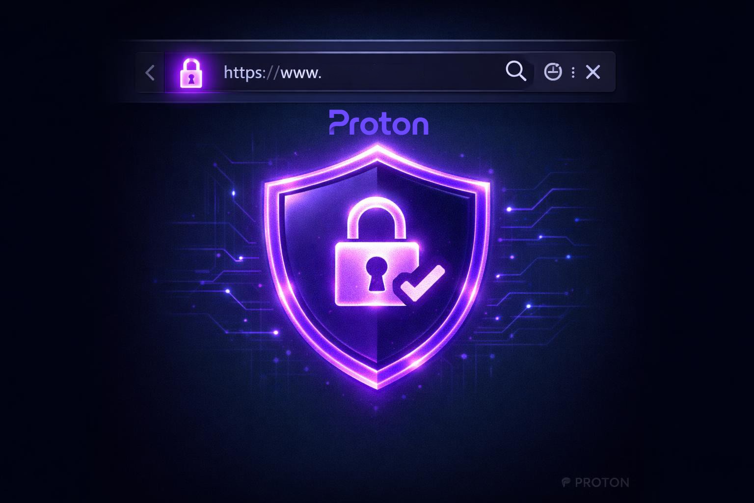 HTTPS padlock icon glowing purple in browser address bar, secure connection shield, SSL certificate visual,