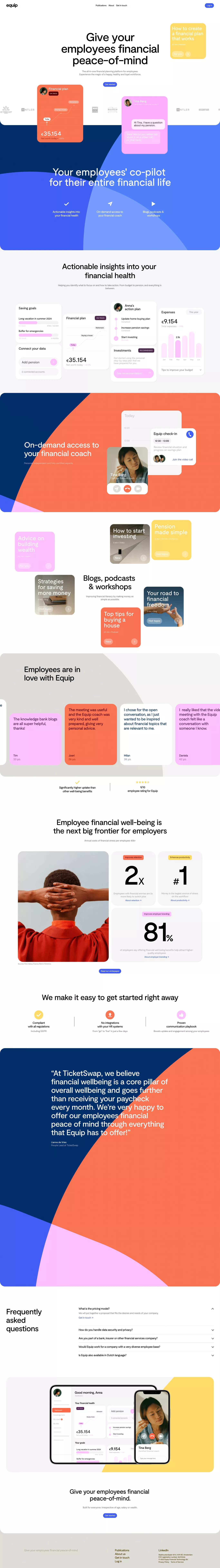 Equip landing page screenshot showcasing HR and Tech design