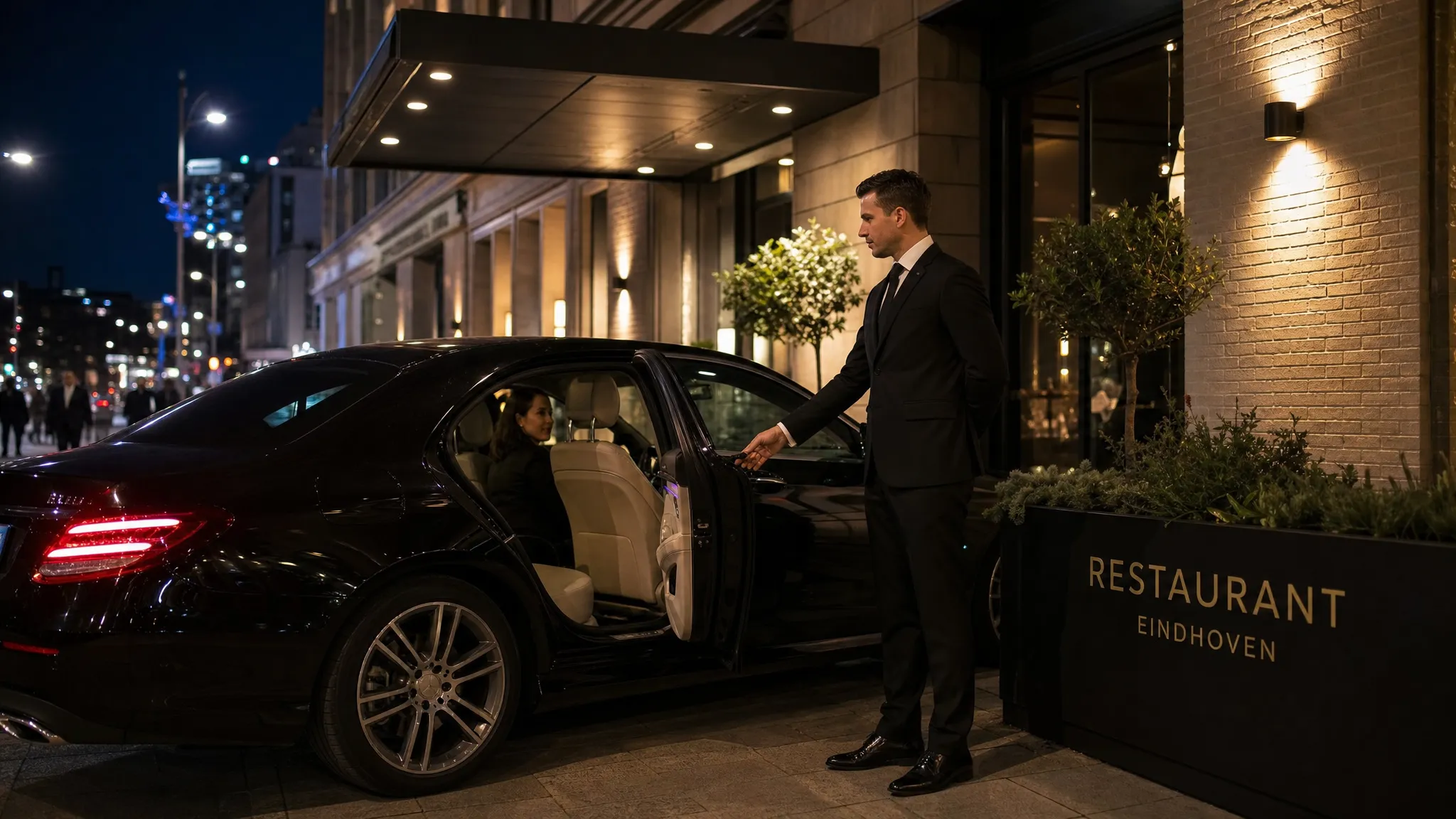 Een representatieve chauffeur staat in de avond bij een luxe auto naast de entree van een restaurant in Eindhoven, terwijl de achterportier openstaat en een gast achterin klaar is om discreet in te stappen.