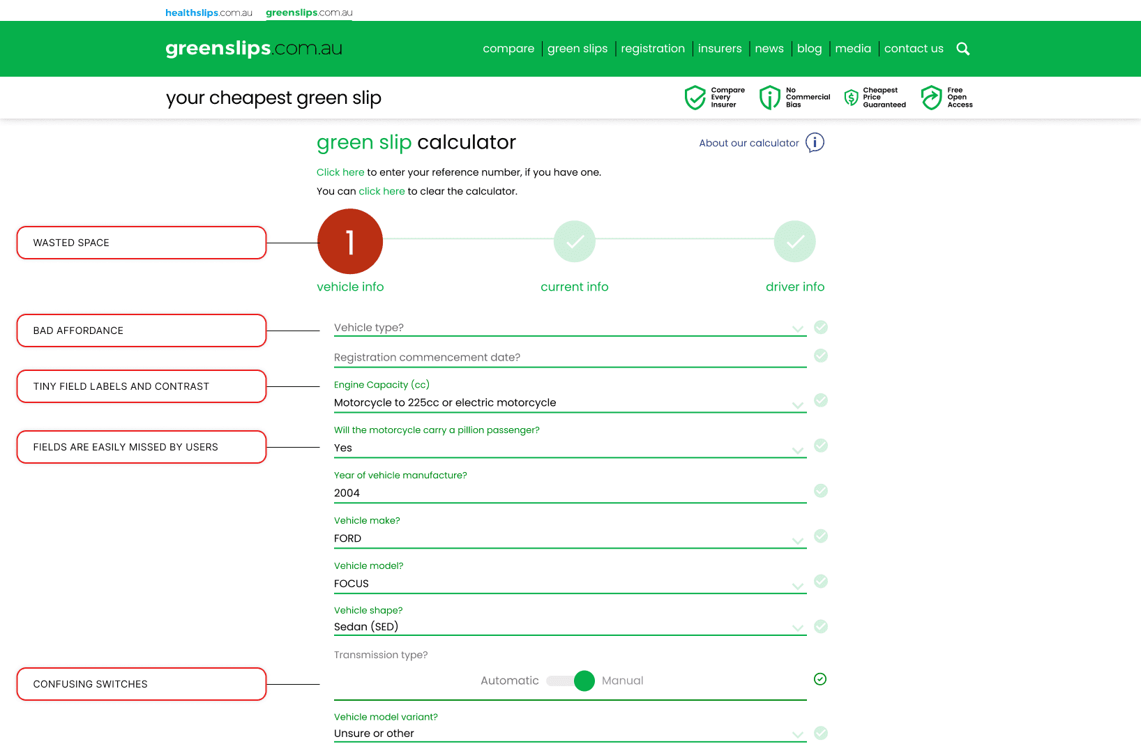 Green slip calculator step 1 before UX audit