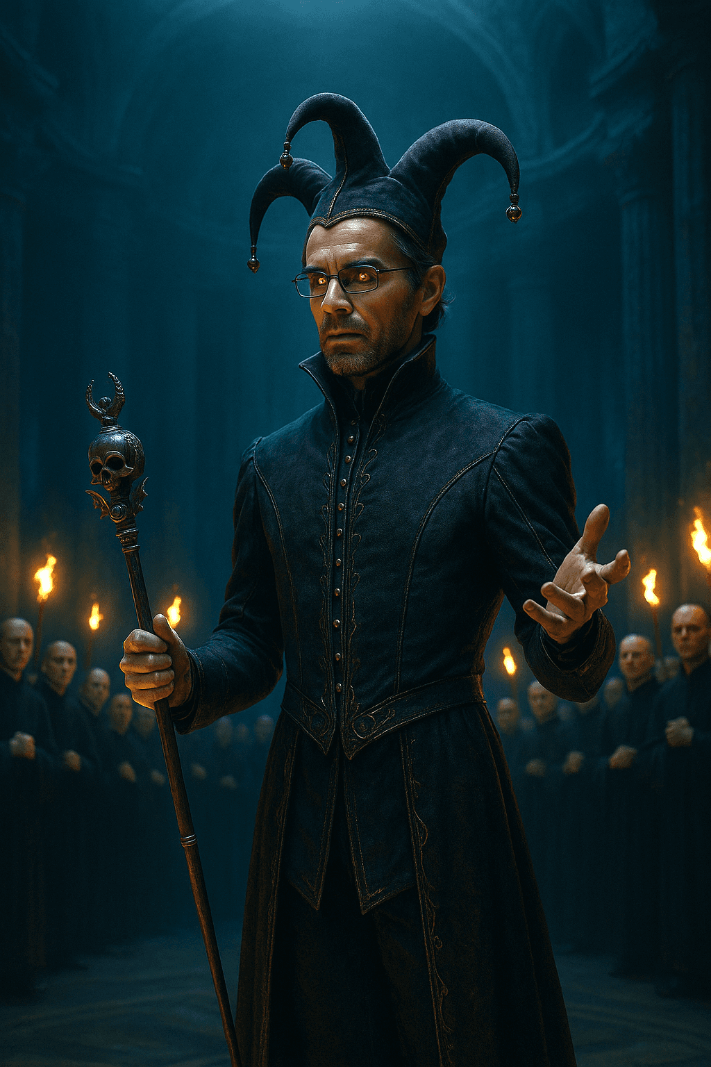 Mysterious figure in dark robes with horned mask holding candles in both hands