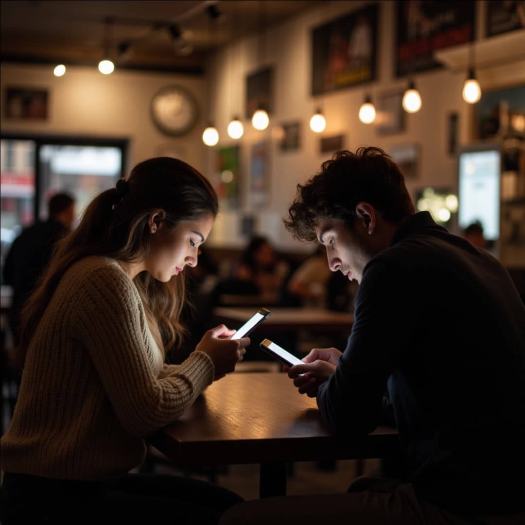 ein paar sitzt an einem tisch, beide schauen auf ihr handy