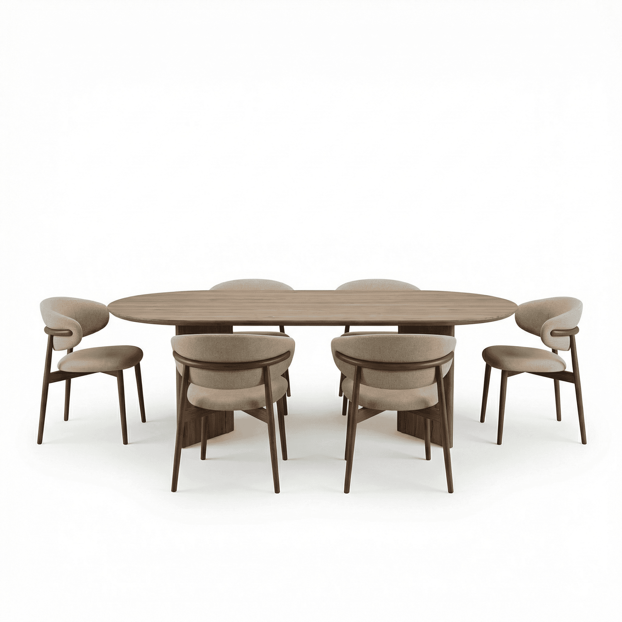 Round dining table in warm wood tones, paired with curved chairs for casual, everyday use