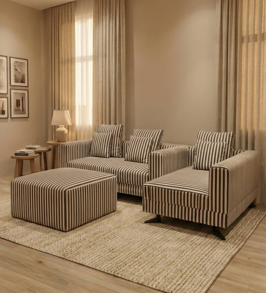 Luxury contemporary sofa with neutral fabric upholstery and exposed wooden frame