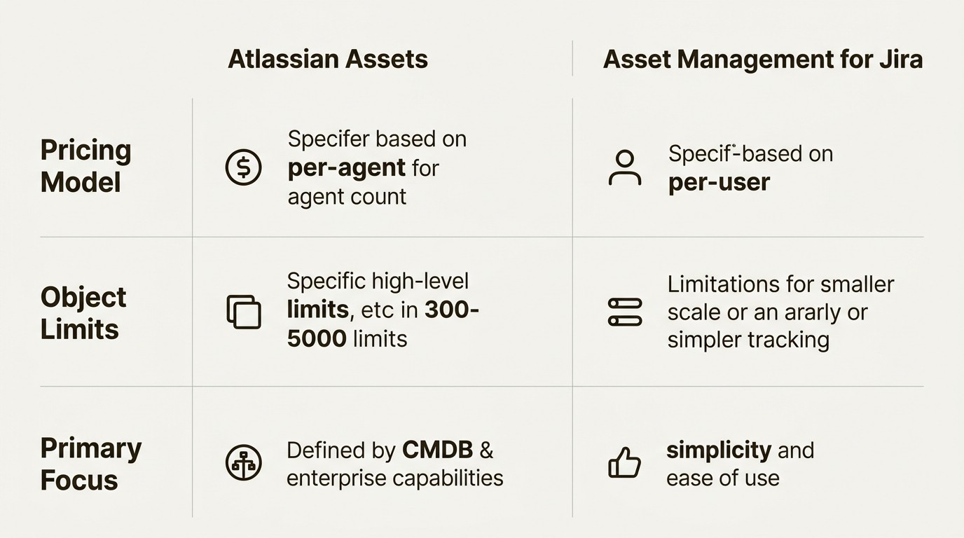Compare Atlassian Assets and Asset Management for Jira to understand their distinct pricing, limitations, and focus, guiding your choice for license tracking.
