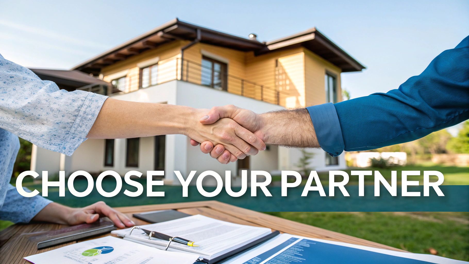 Two people shaking hands in front of a modern house, with documents on a table, symbolizing partnership.