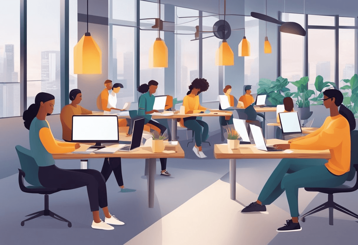 A group of freelancers working independently, connected through technology. A diverse range of skills and expertise. A sense of freedom and flexibility in their work environment
