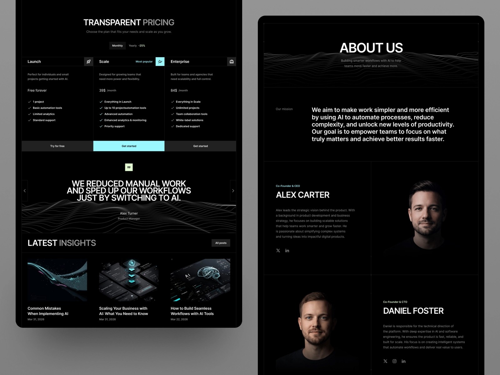 Website interface showcasing pricing, mission, and team profiles.